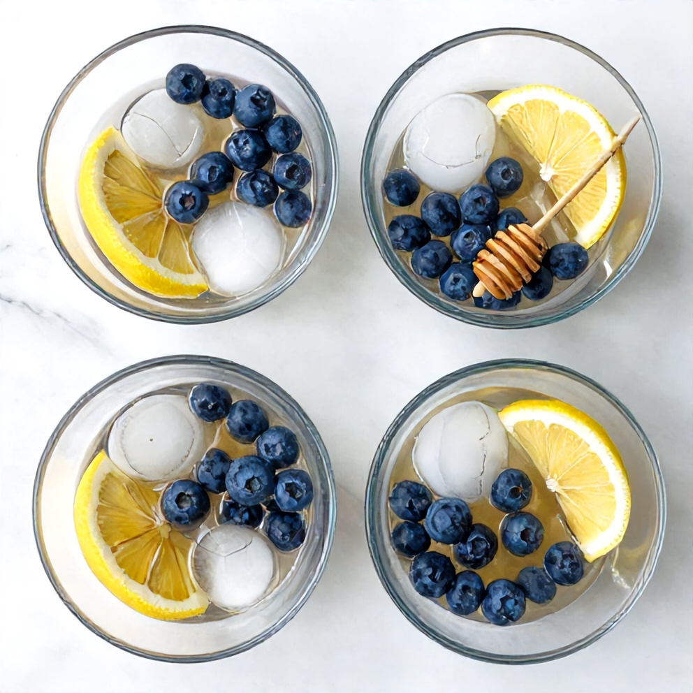 Blueberries, coconut water, lemon, honey, and ice in prep bowls