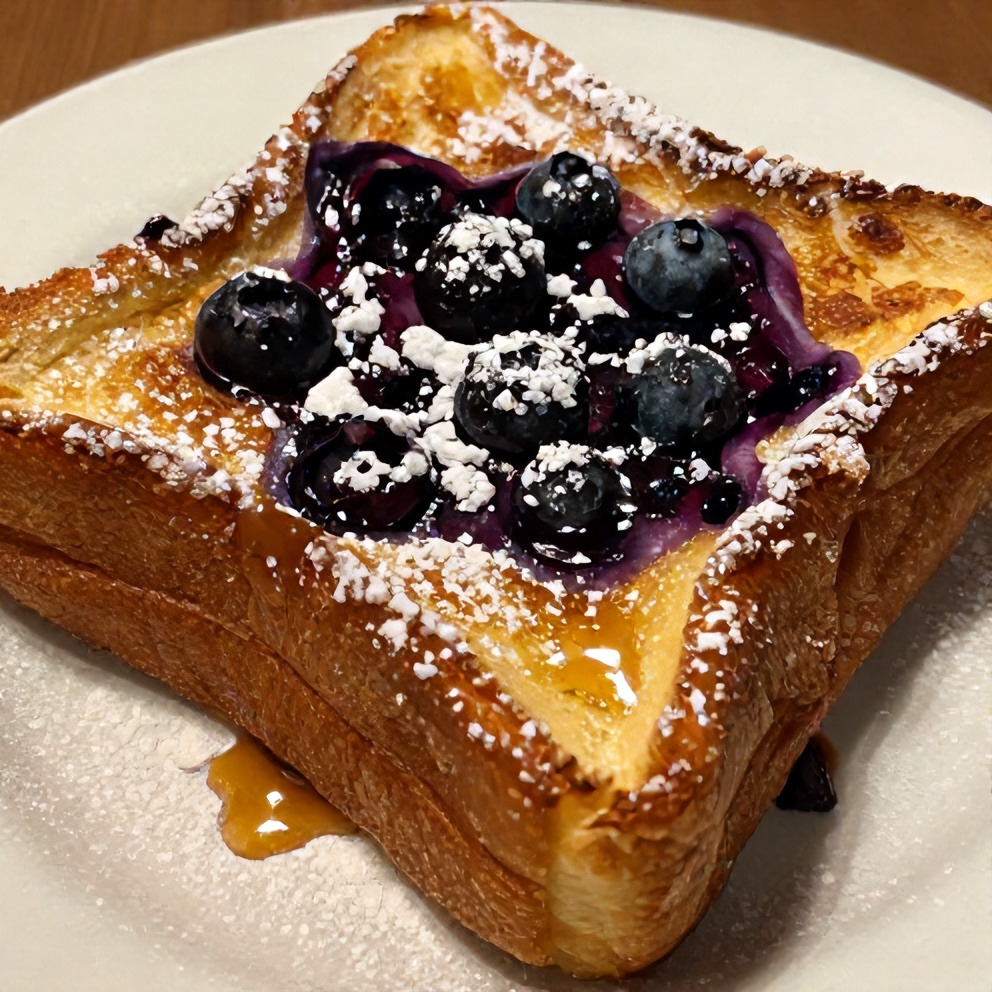 Blueberry Stuffed French Toast with powdered sugar and maple syrup