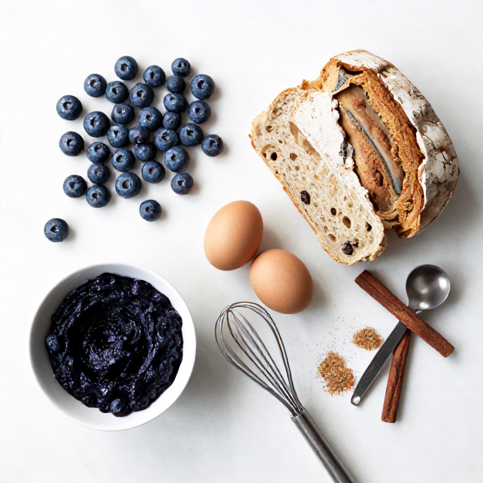 Blueberries, eggs, bread, and cinnamon arranged on a wooden surface