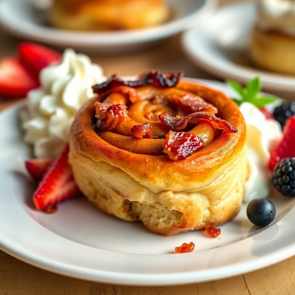 Plated Bourbon Maple Bacon Cinnamon Rolls