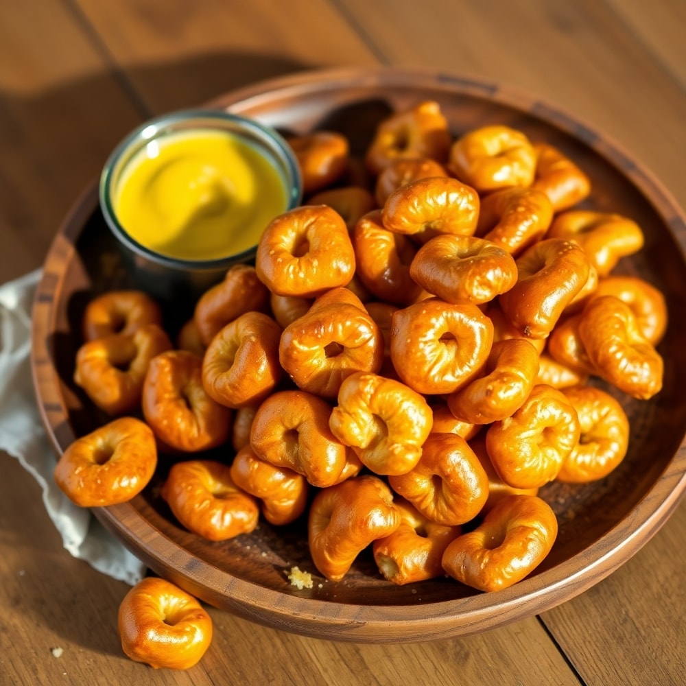 Plated buttery soft pretzel bites with mustard for dipping