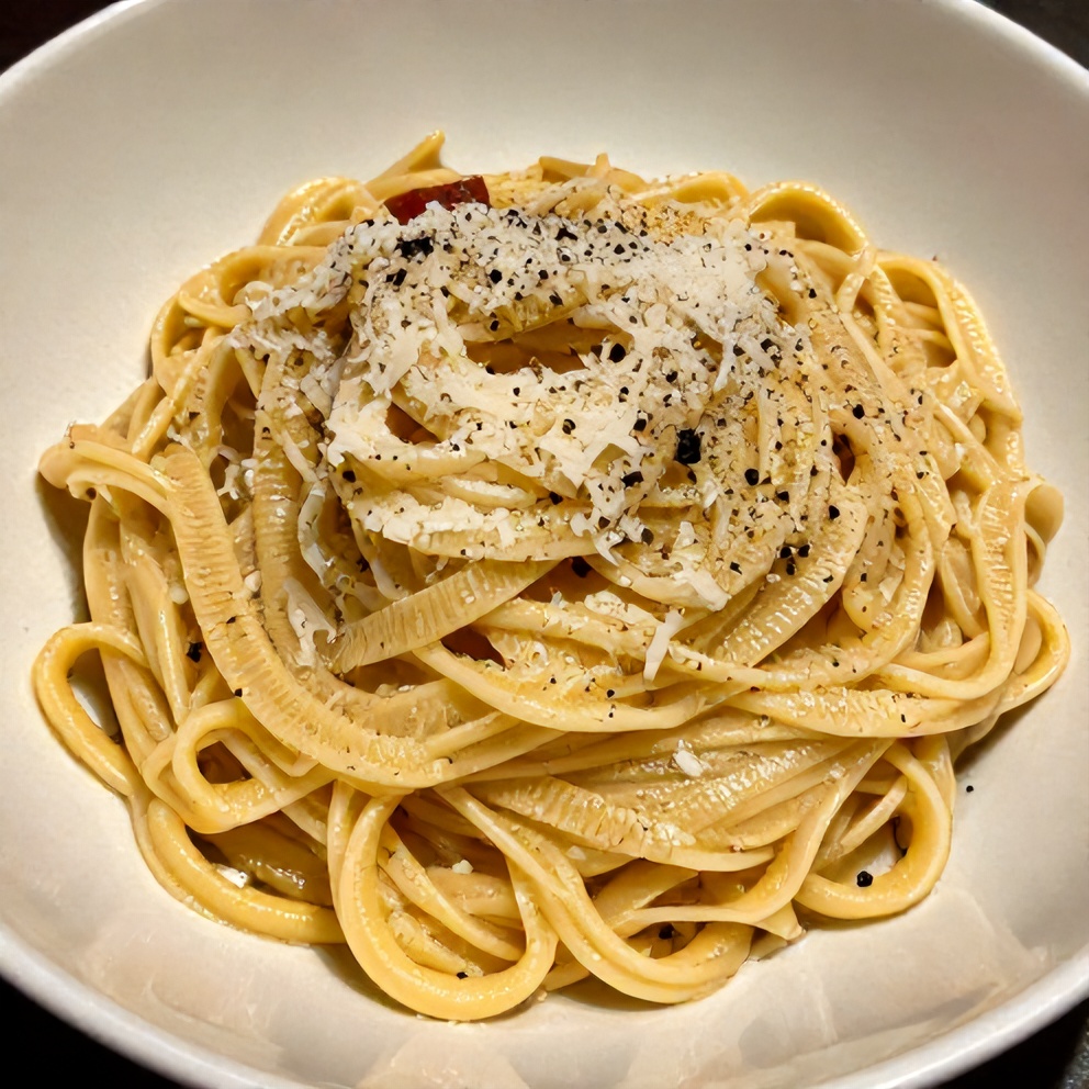 Cacio e Pepe served in a bowl with grated Pecorino Romano and black pepper