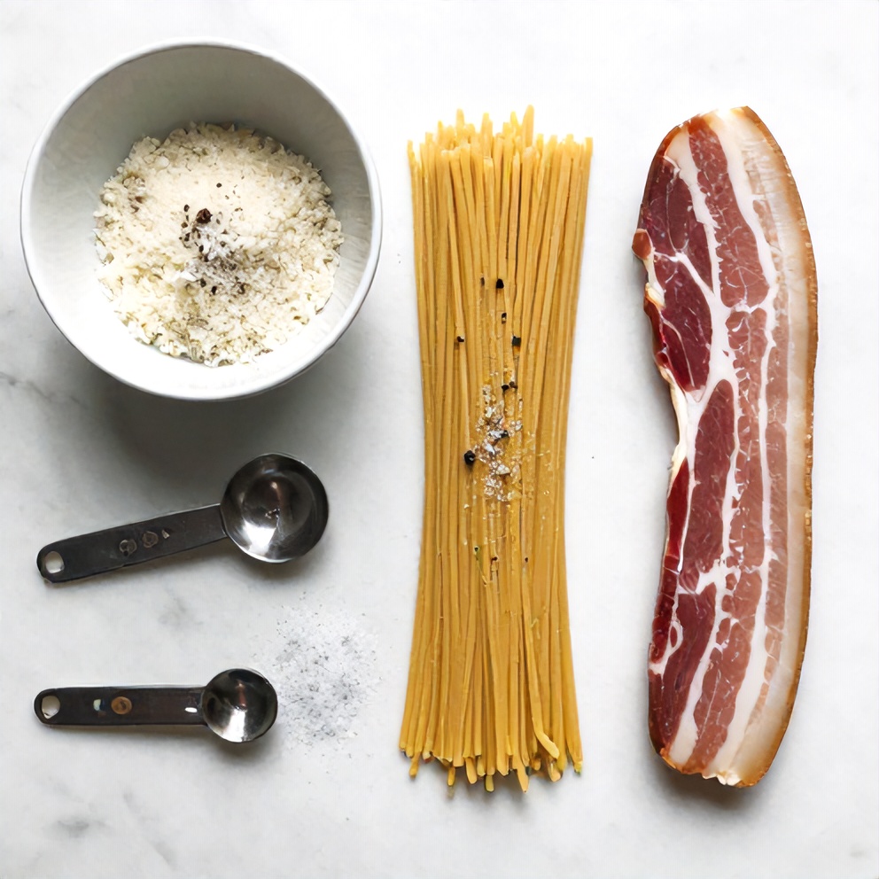 Ingredients for Cacio e Pepe: Pecorino Romano, black pepper, spaghetti, and salt