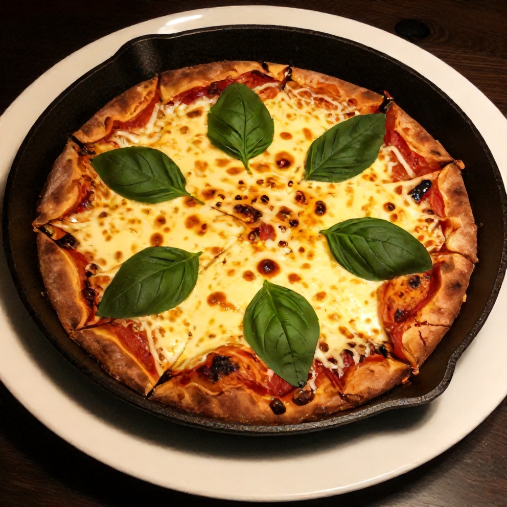 Sliced cast iron skillet pizza with melted cheese and fresh basil