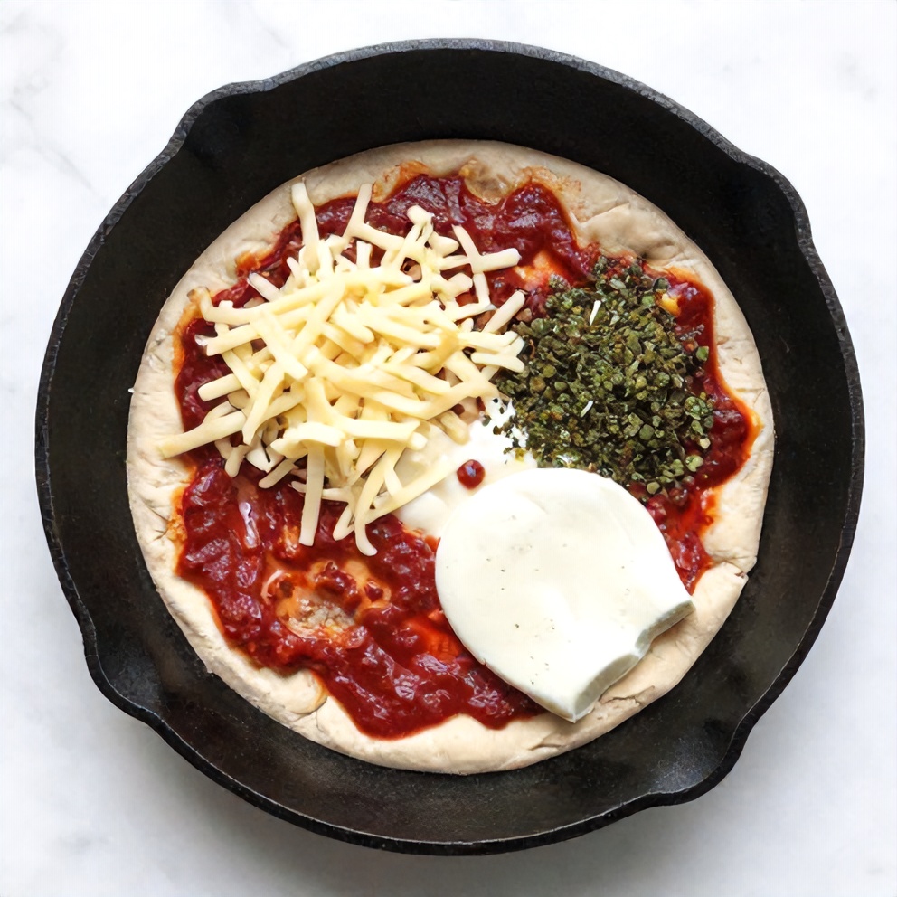 Raw ingredients for cast iron skillet pizza including dough, sauce, cheese, and toppings
