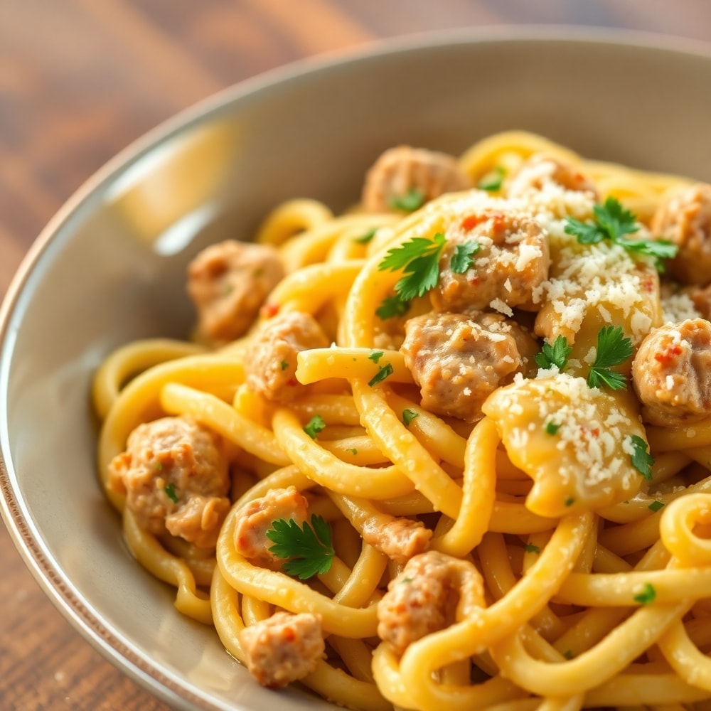 Plated Cheesy Chicken and Sausage Pasta