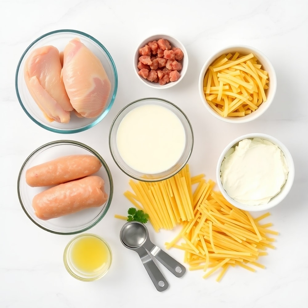 Raw Ingredients for Cheesy Chicken and Sausage Pasta