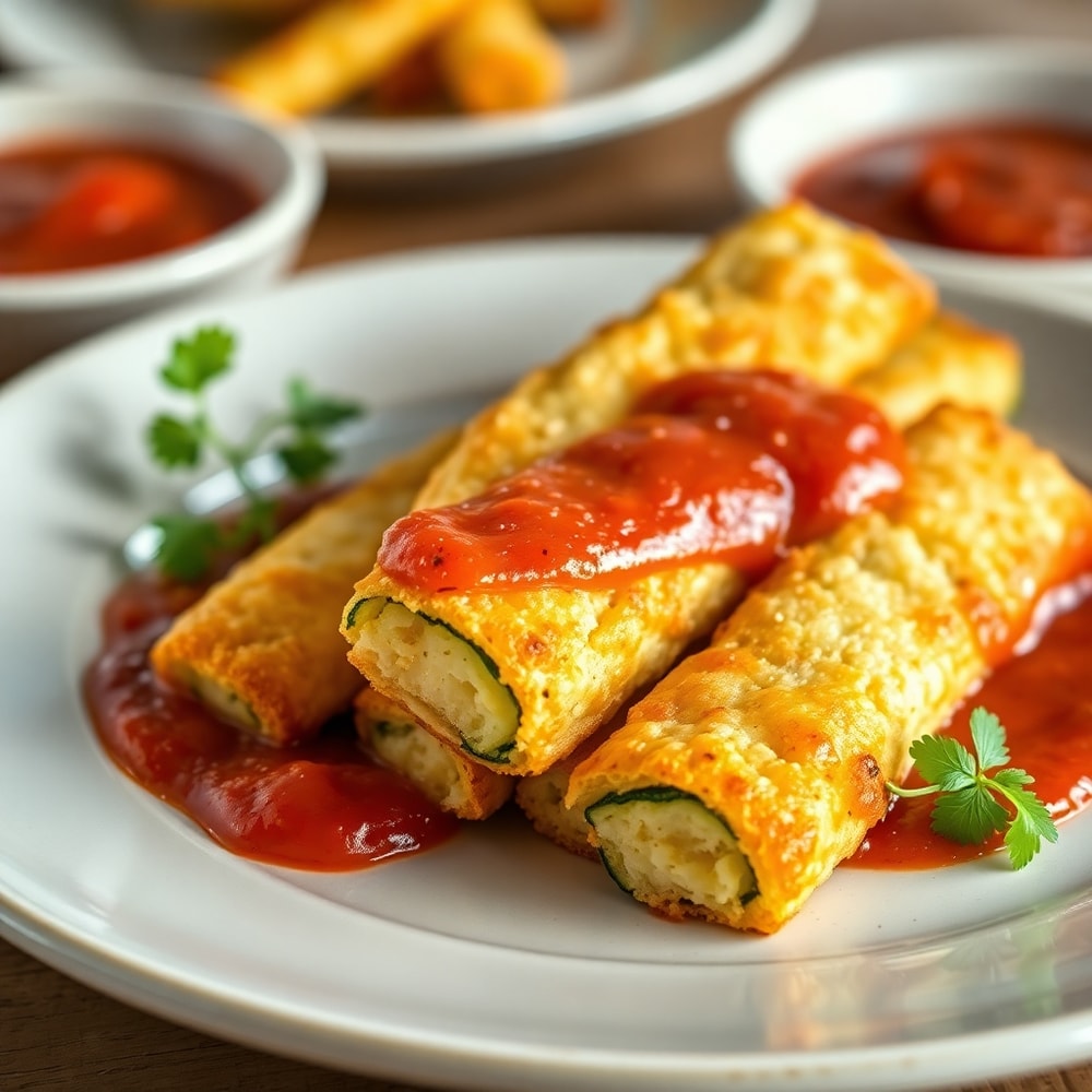 Plated cheesy zucchini breadsticks with marinara sauce