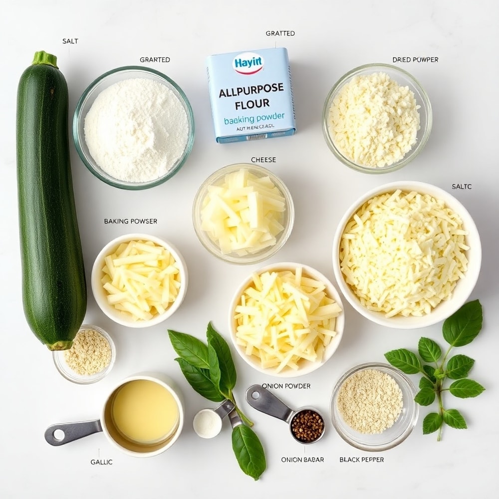Raw ingredients for cheesy zucchini breadsticks on a marble surface