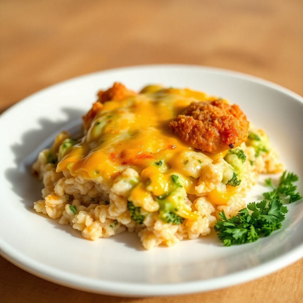 Plated Chicken Broccoli Rice Casserole with melted cheese and crispy chicken