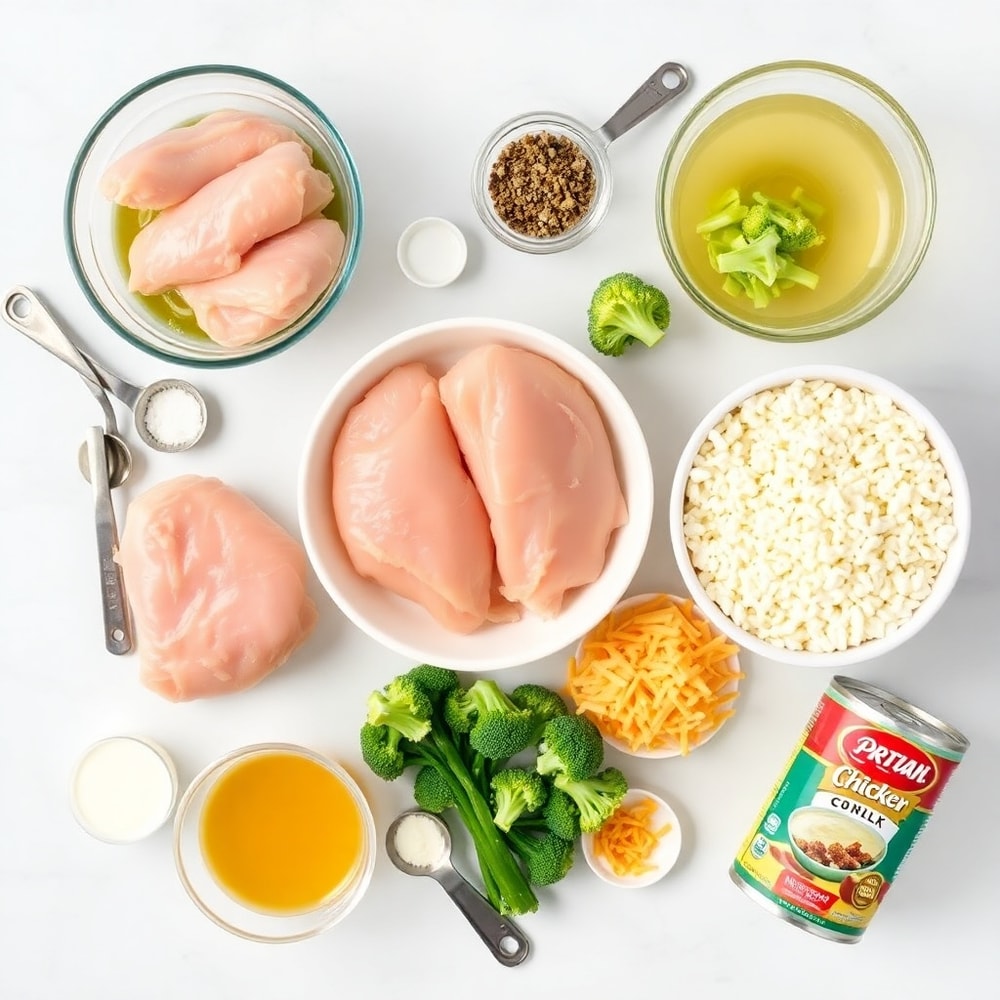 Raw ingredients for Chicken Broccoli Rice Casserole including chicken, broccoli, rice, and cheese