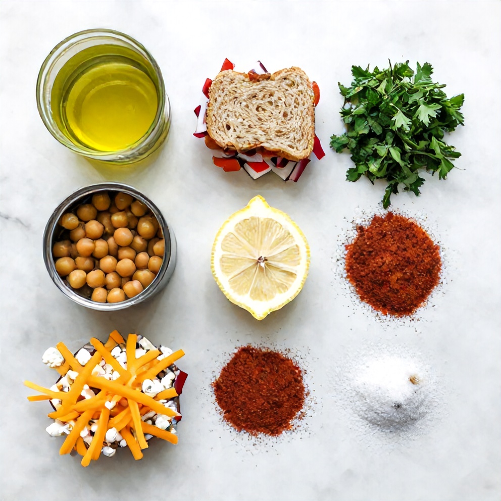 Raw ingredients for Chickpea Salad Melts including chickpeas, bread, and cheese
