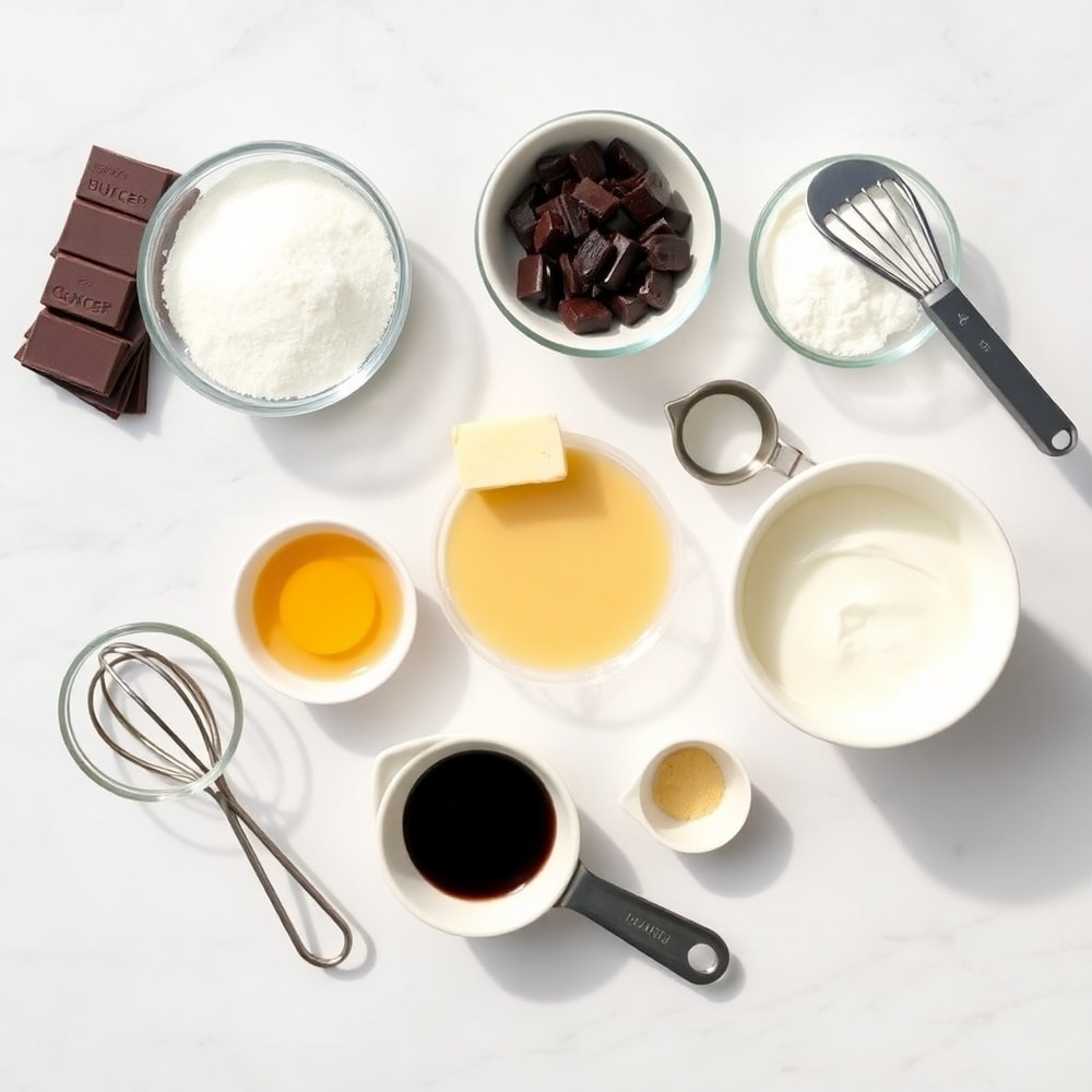 Raw ingredients for Chocolate Mousse Brownies on a marble surface