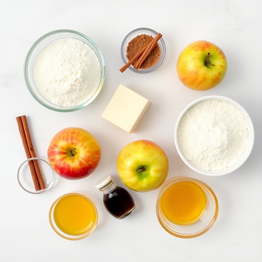 Raw ingredients for Cinnamon Apple Bread including apples, flour, cinnamon, and sugar