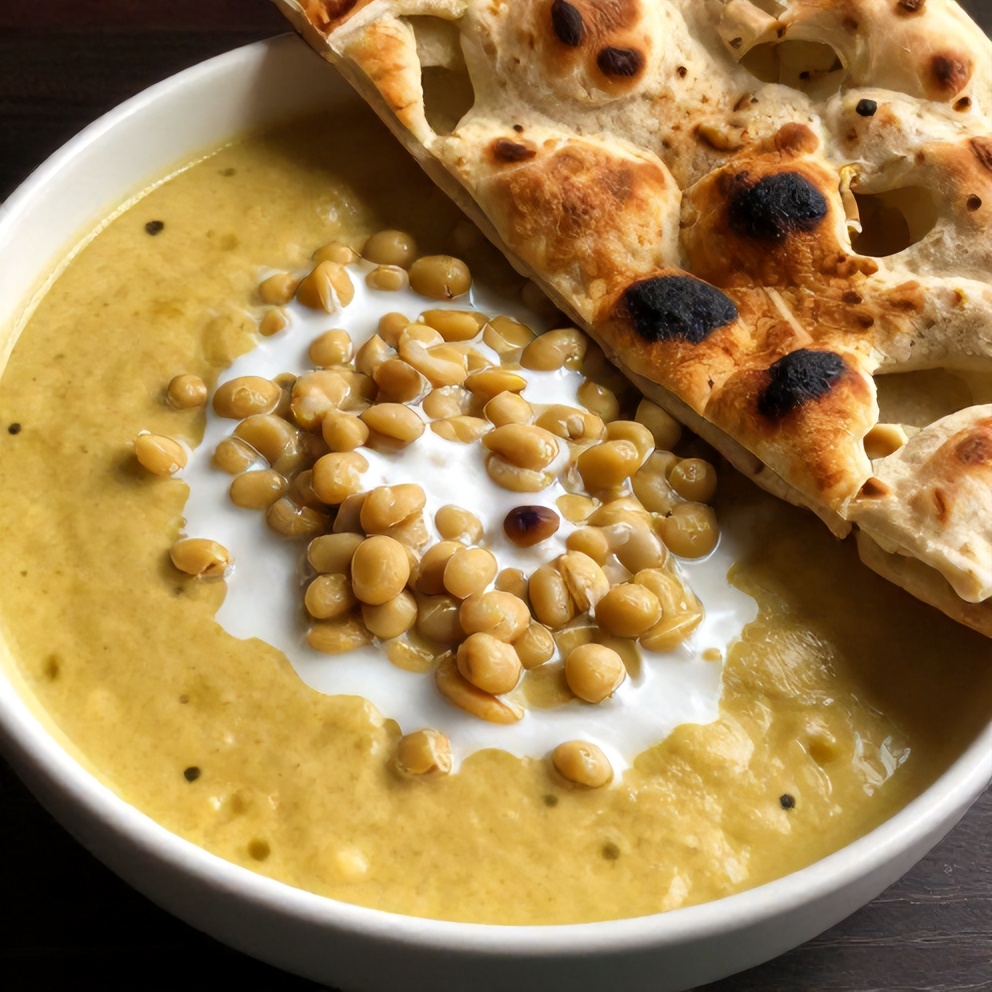 Bowl of Coconut Curry Lentil Soup with a side of naan