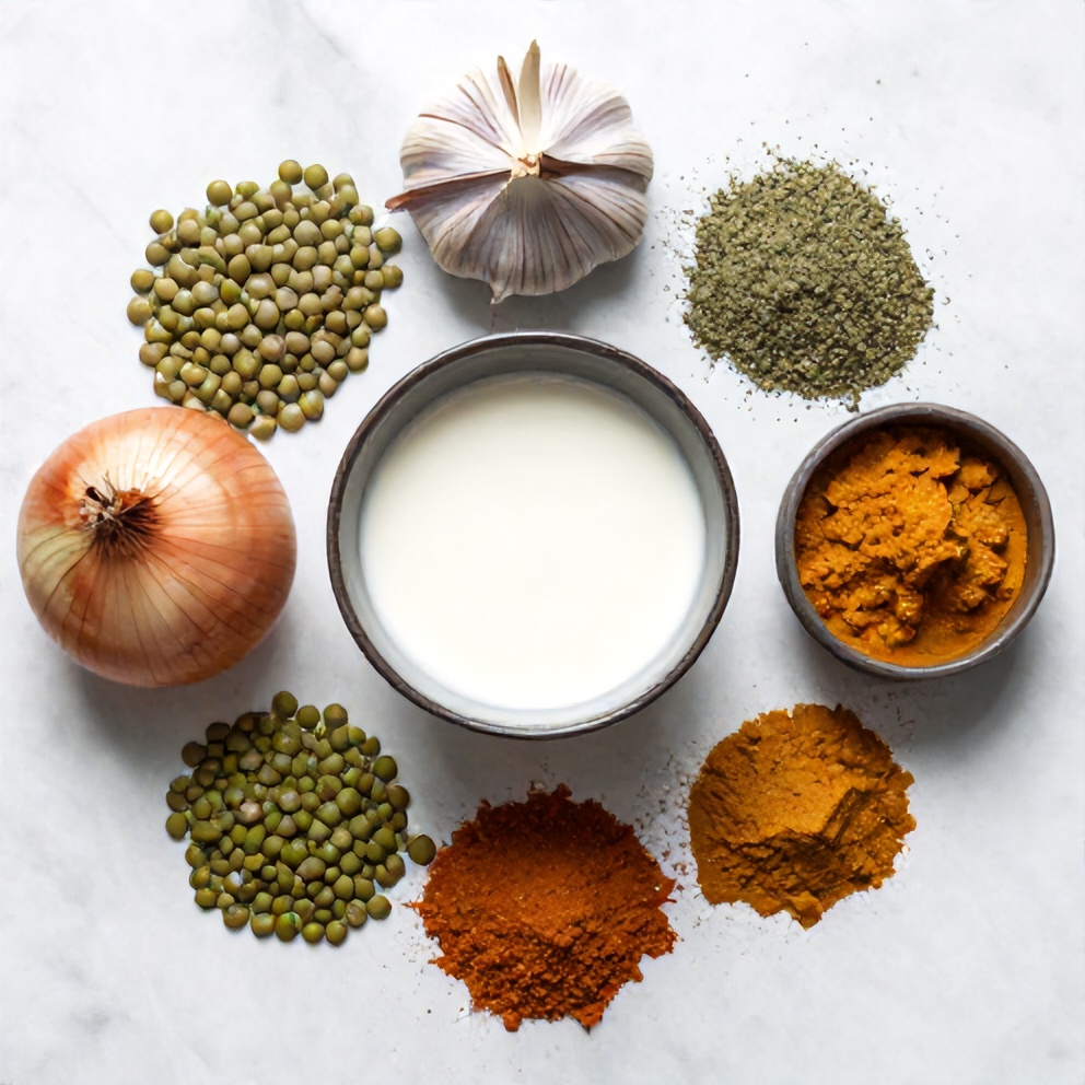 Ingredients for Coconut Curry Lentil Soup on a wooden surface