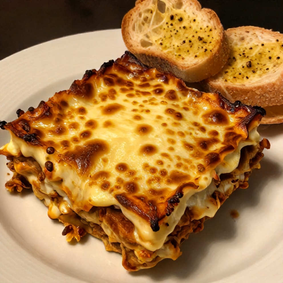 Plated serving of cottage cheese lasagna with a side of garlic bread