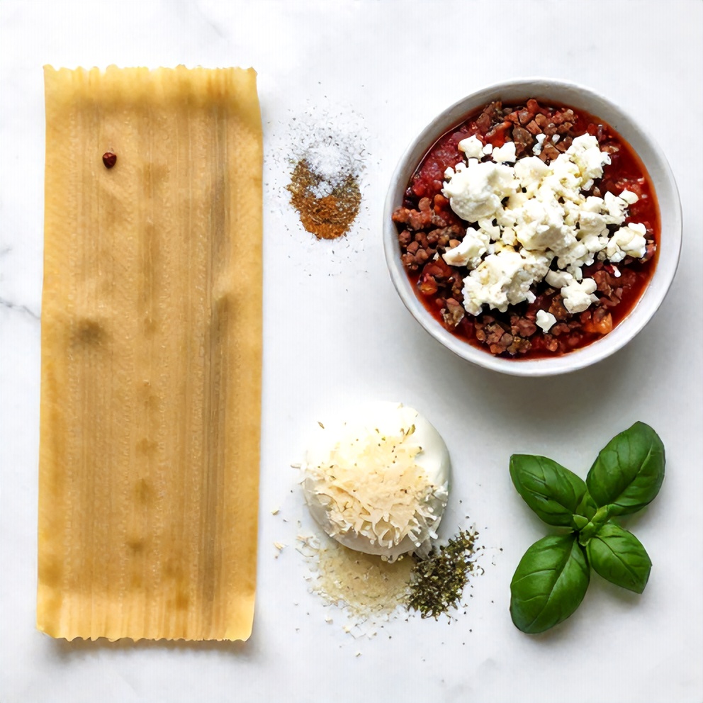 Raw ingredients for cottage cheese lasagna including lasagna noodles, ground beef, cottage cheese, and marinara sauce