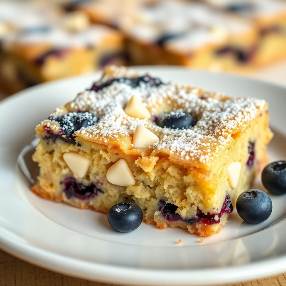 Blueberry White Chocolate Blondies plated on a white dish