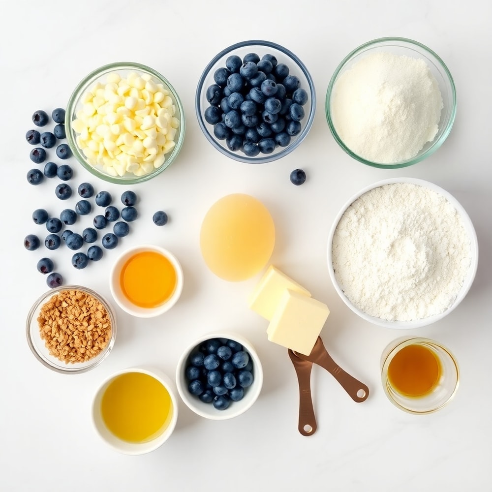 Blueberries, white chocolate chips, and other ingredients laid out on a marble surface