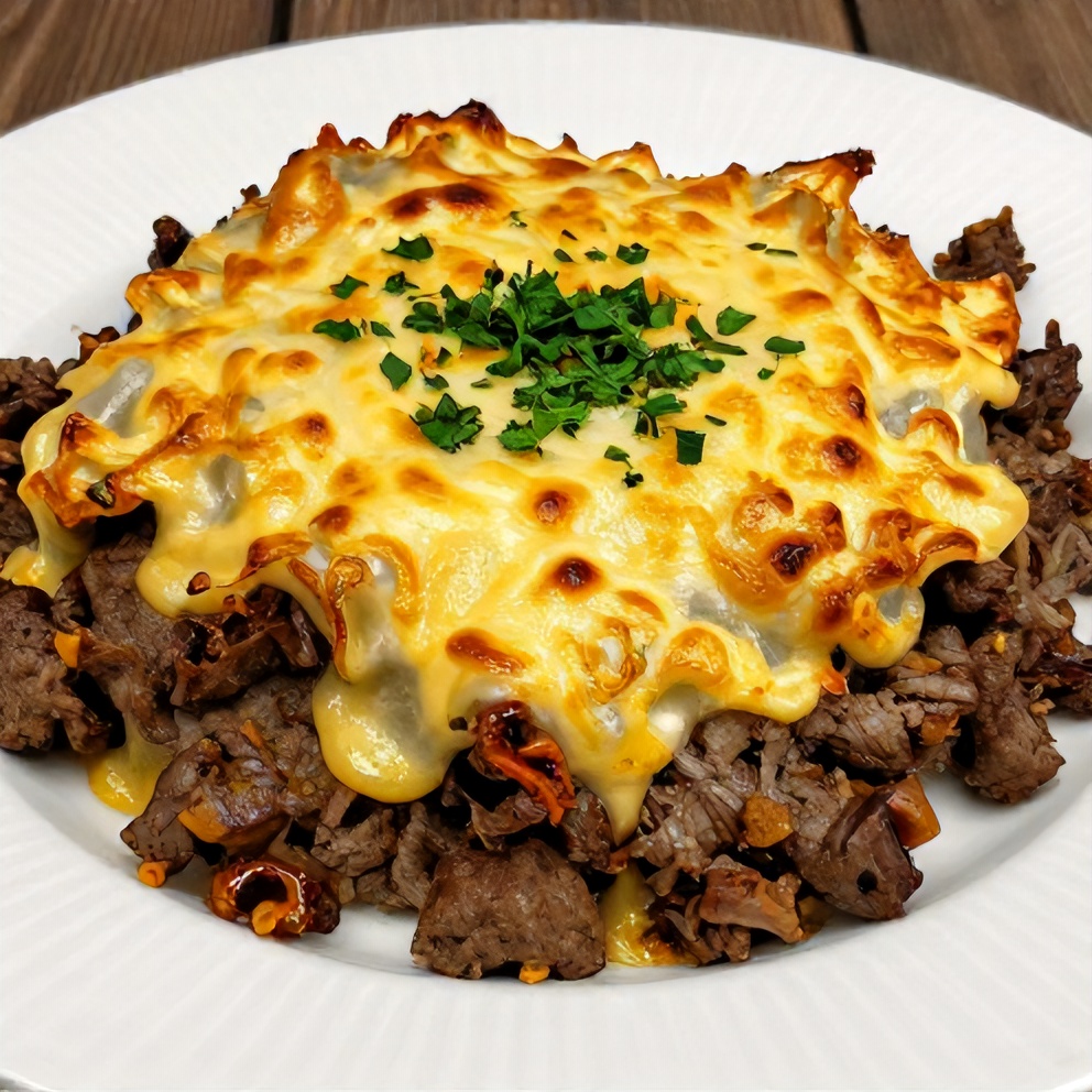 Plated serving of Cheesy Ground Beef Casserole, golden cheese topping, fresh parsley garnish, warm side lighting