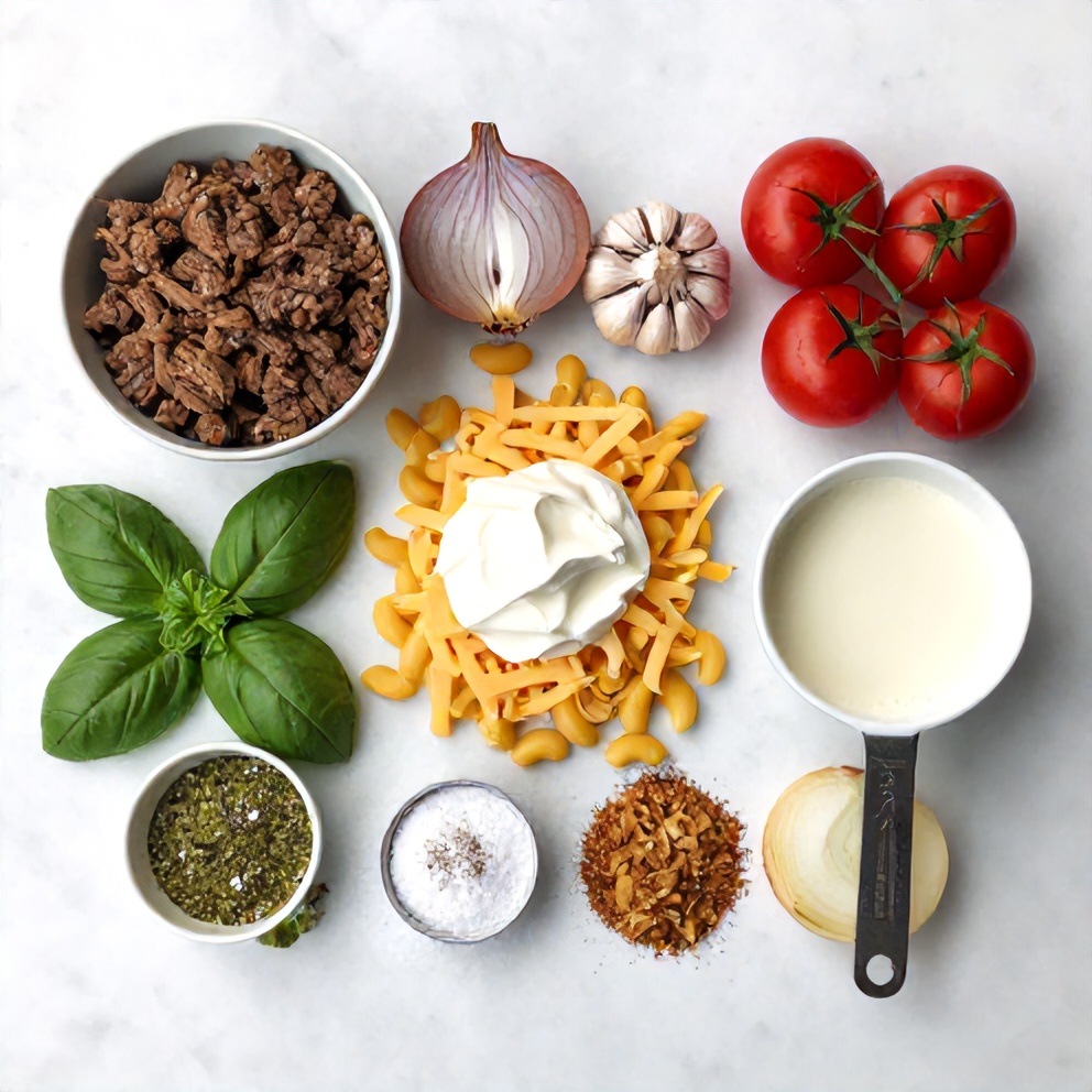 Raw ingredients for Cheesy Ground Beef Casserole, meat, onions, garlic, cheese, pasta, canned tomatoes, seasonings, and measuring spoons on a white marble surface