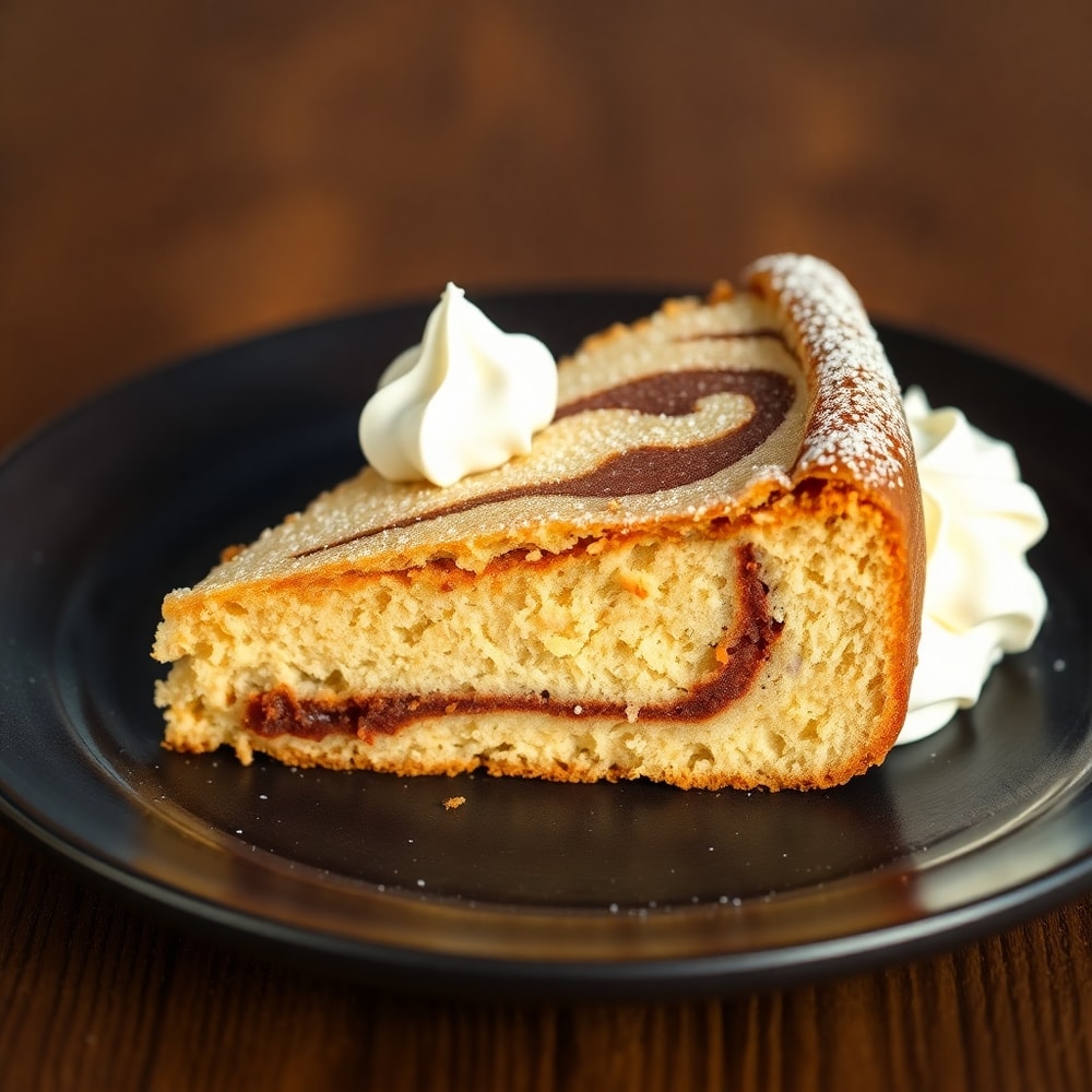 A slice of the cinnamon swirl cake on a plate, with a dollop of whipped cream