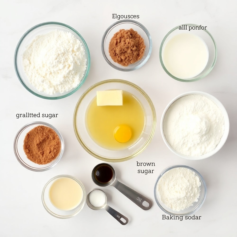 An overhead shot of the ingredients for the cinnamon swirl cake, including flour, sugar, eggs, and butter