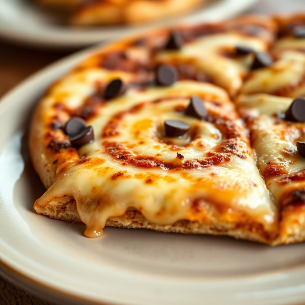 Plated Cinnamon Swirl Pizza with melted cheese and chocolate chips