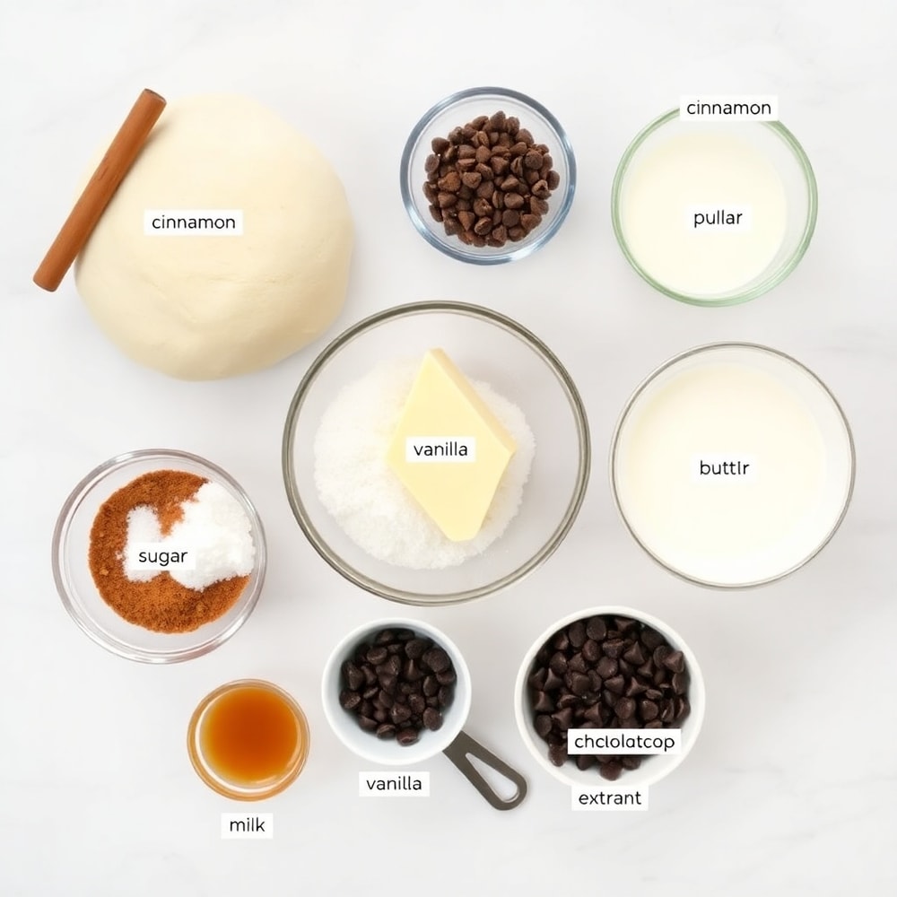 Raw ingredients for Cinnamon Swirl Pizza: pizza dough, cinnamon, sugar, butter, milk, vanilla extract, and chocolate chips