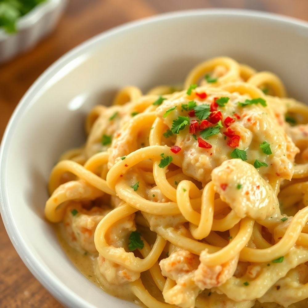 Crack Chicken Pasta — creamy chicken noodle bake plated