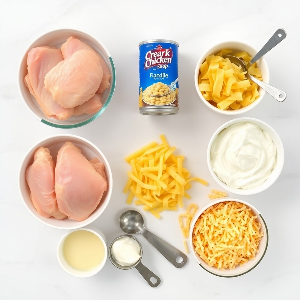 Raw ingredients for Crack Chicken Pasta — creamy chicken noodle bake