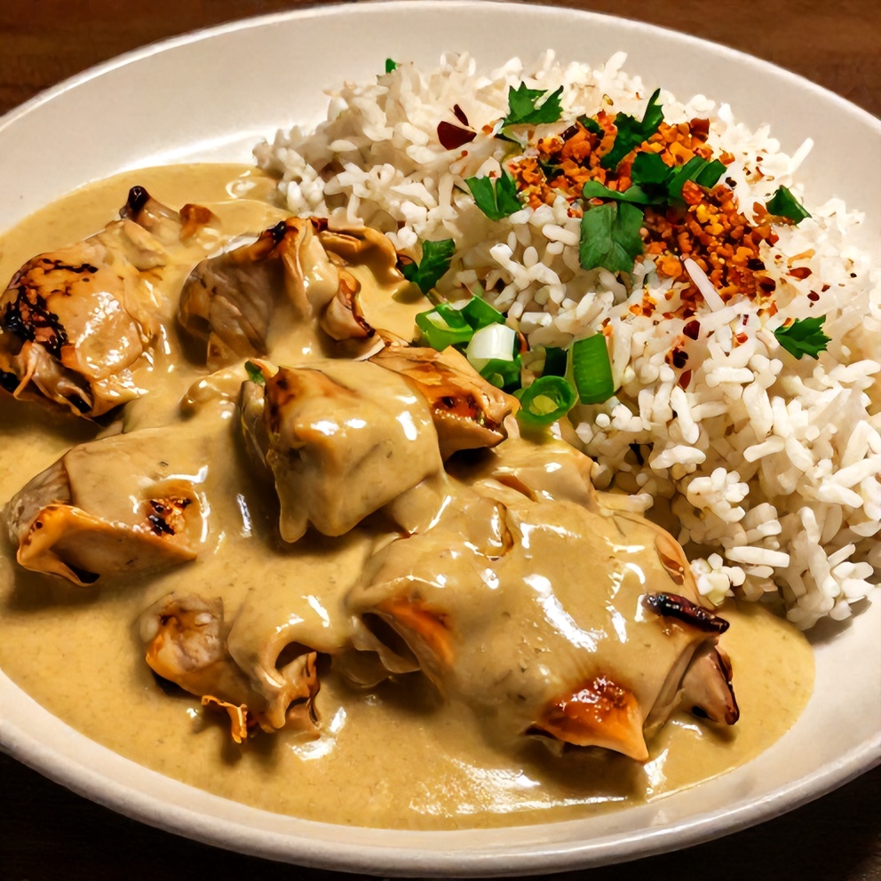 Plated Crockpot Cajun Butter Chicken with steamed rice and garnished with fresh parsley