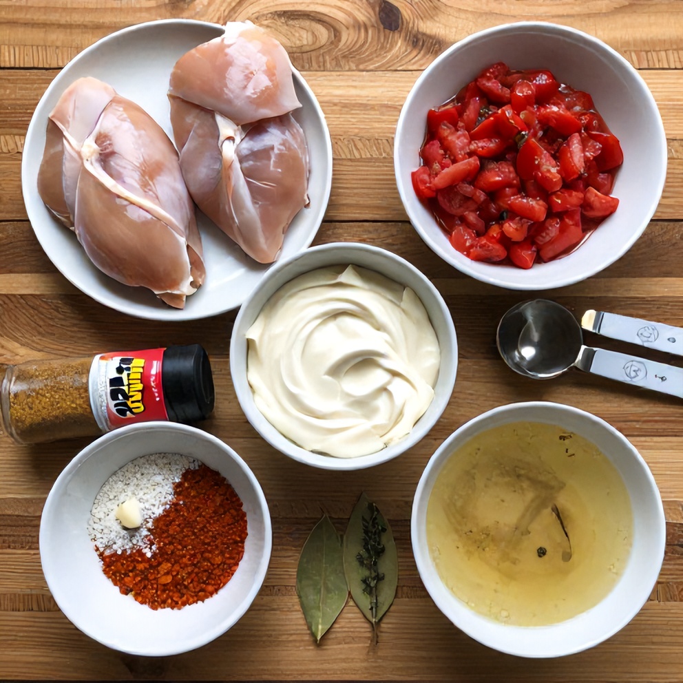Raw ingredients for Crockpot Cajun Butter Chicken laid out on a wooden surface