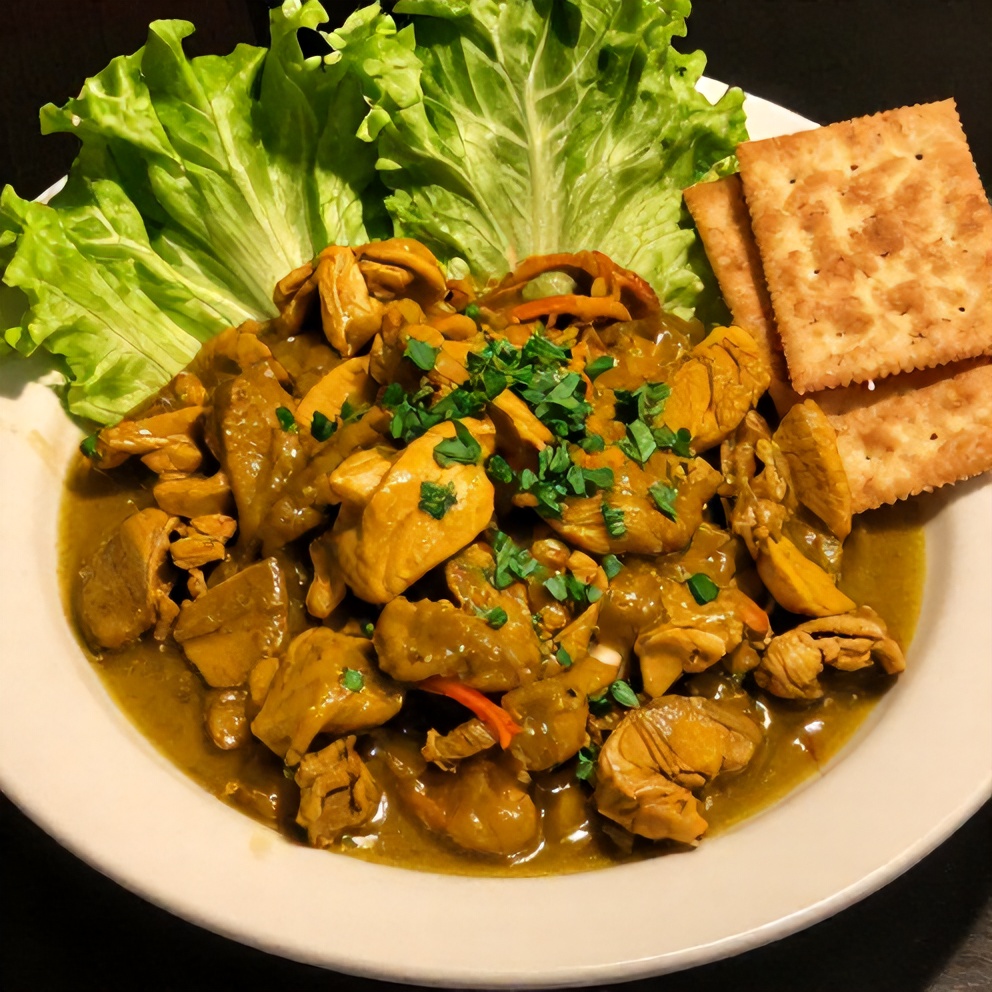 Curry chicken salad plated with a side of crackers