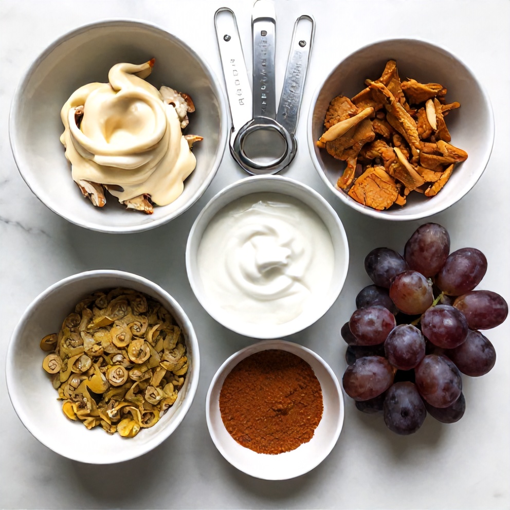 Raw ingredients for curry chicken salad including chicken, mayo, grapes, and curry powder