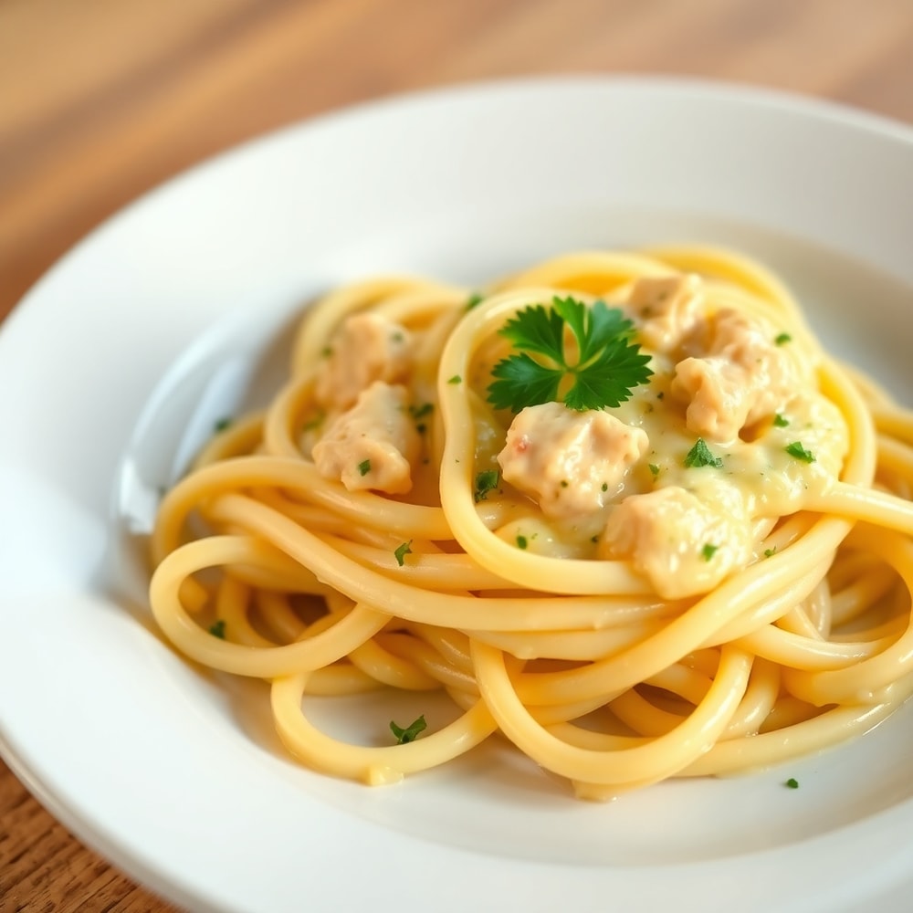 One perfect plated serving of creamy Lemon Chicken Pasta, garnished with fresh parsley, on a white plate.