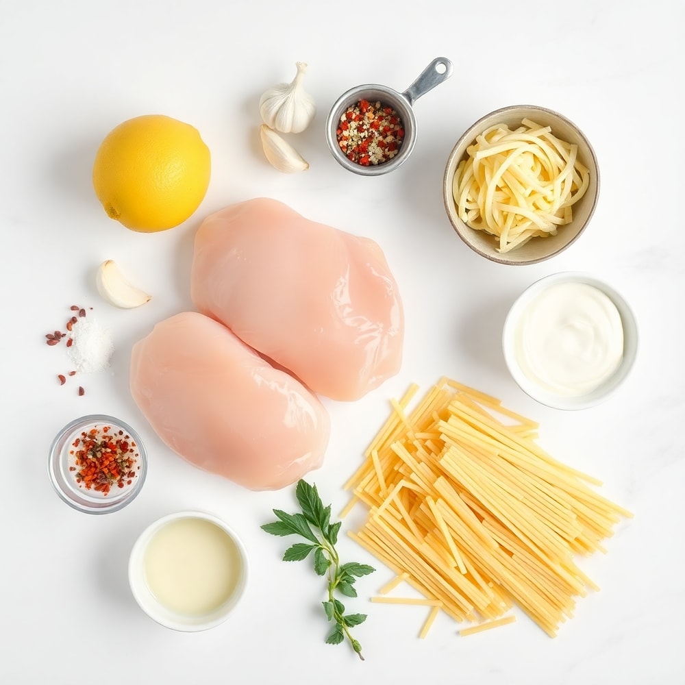 Overhead flat lay of raw ingredients: chicken breasts, lemon, garlic, pasta, parmesan, butter, heavy cream, salt, pepper, and red pepper flakes.