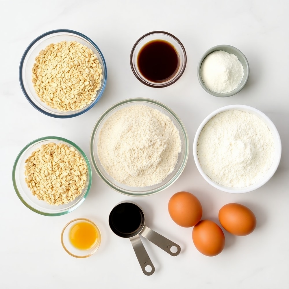 Raw ingredients for oatmeal molasses rolls: oats, molasses, flour, yeast, milk, eggs, butter