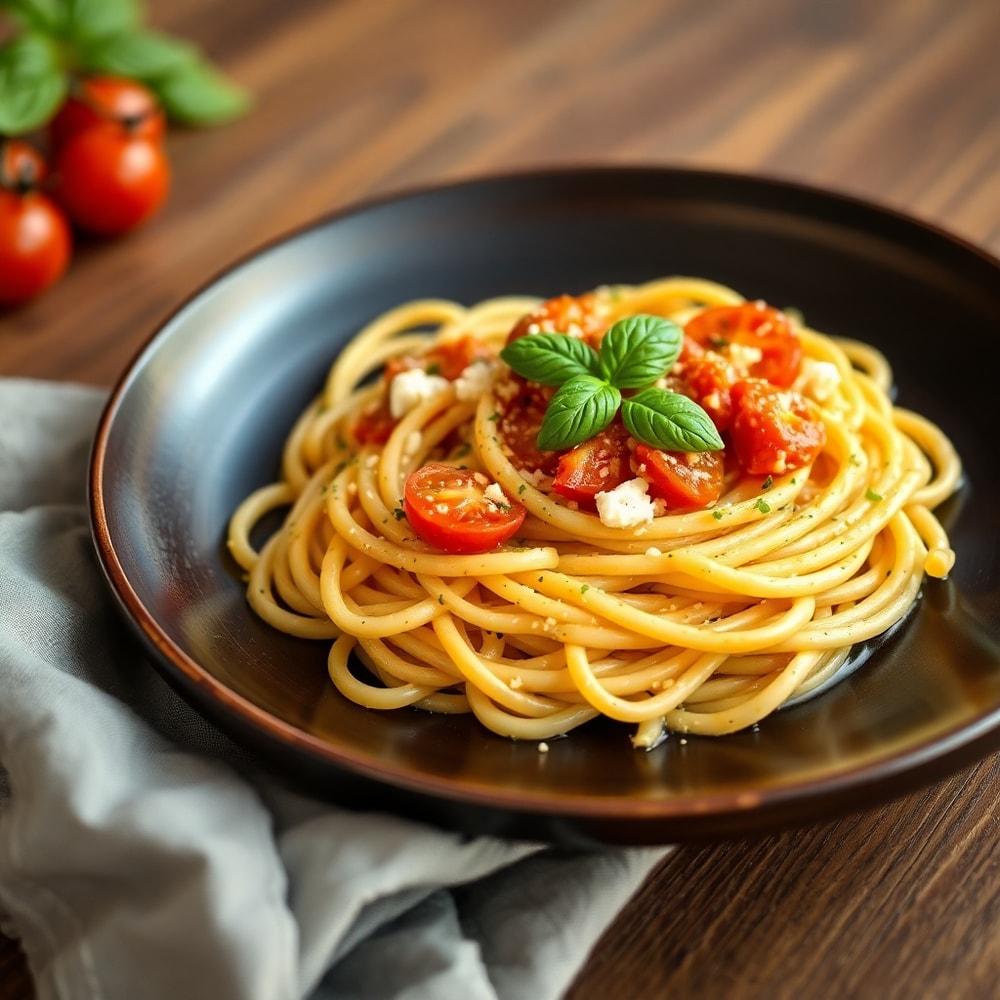 Plated Roasted Tomato and Garlic Ricotta Pasta