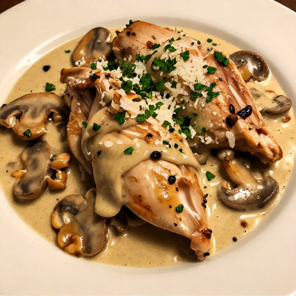 Plated serving of creamy slow cooker mushroom chicken