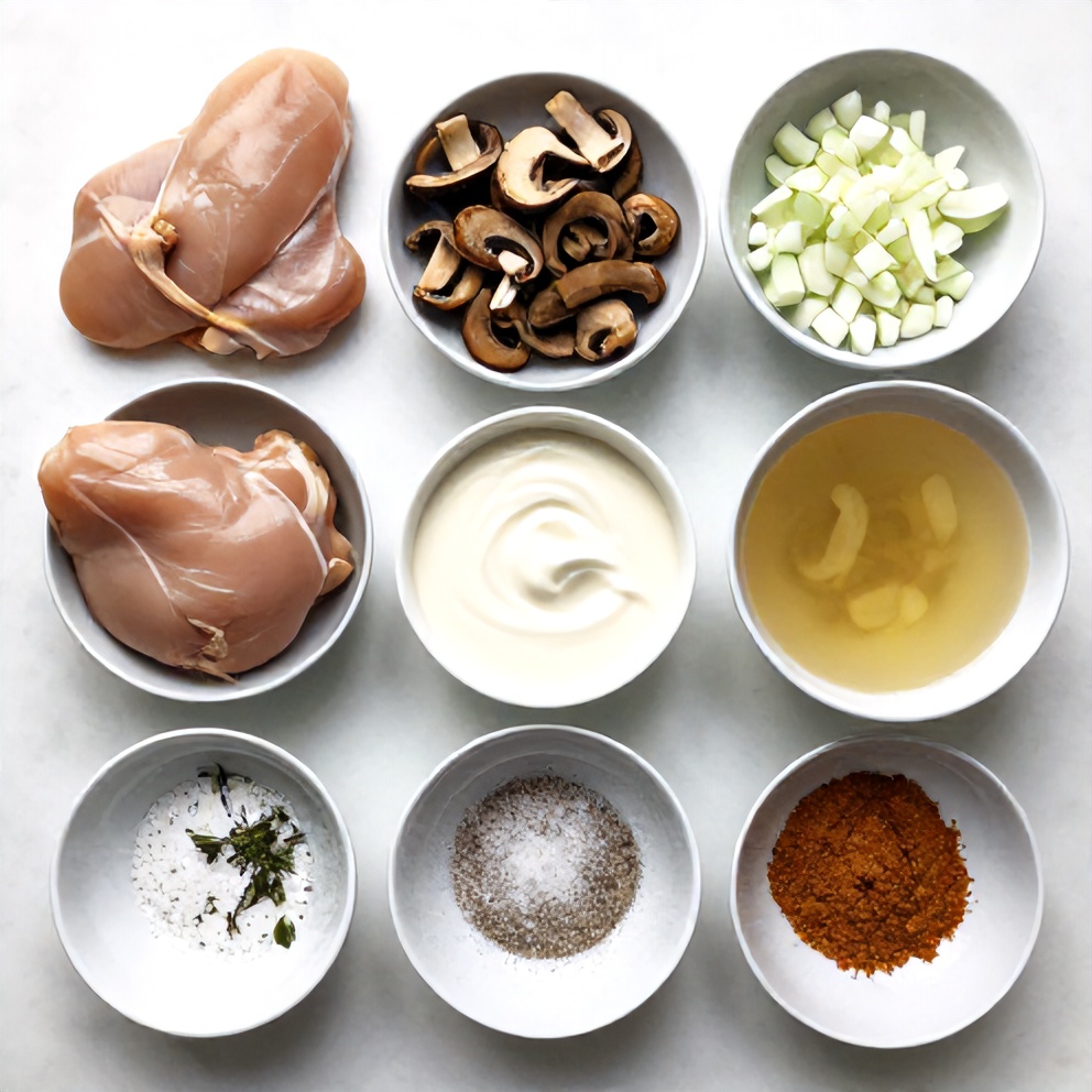 Raw ingredients for slow cooker mushroom chicken arranged in a flat lay
