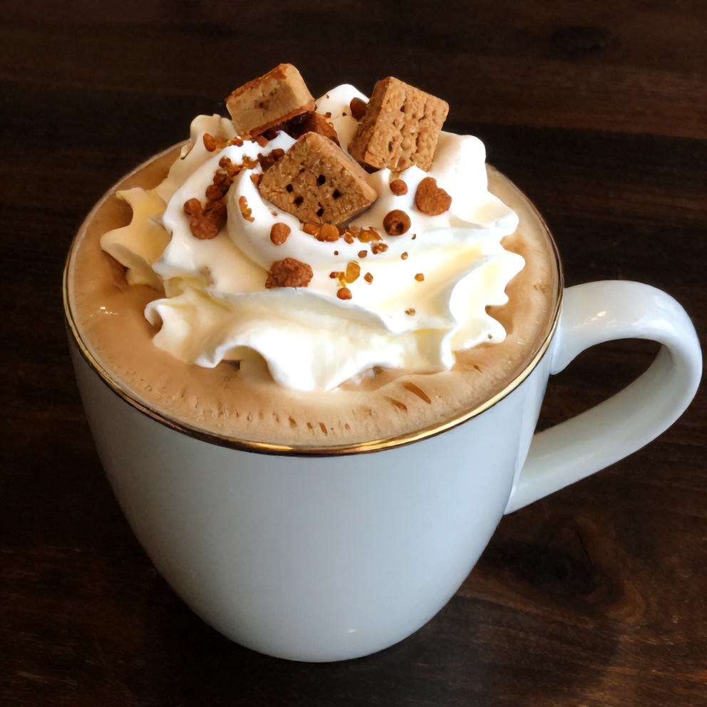 Teddy Graham Latte topped with whipped cream and teddy grahams