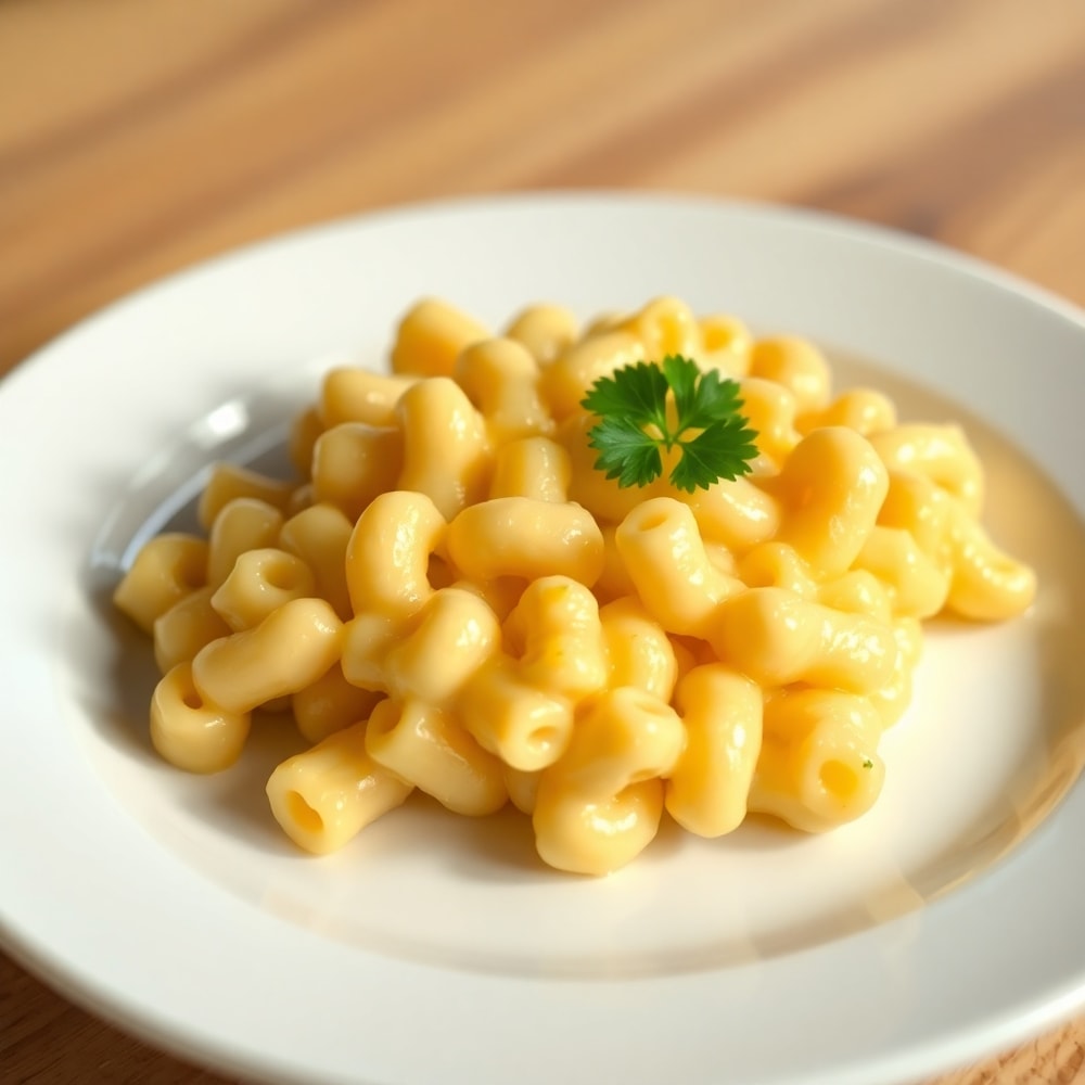 Plated Creamy Baked Macaroni and Cheese with Fresh Parsley