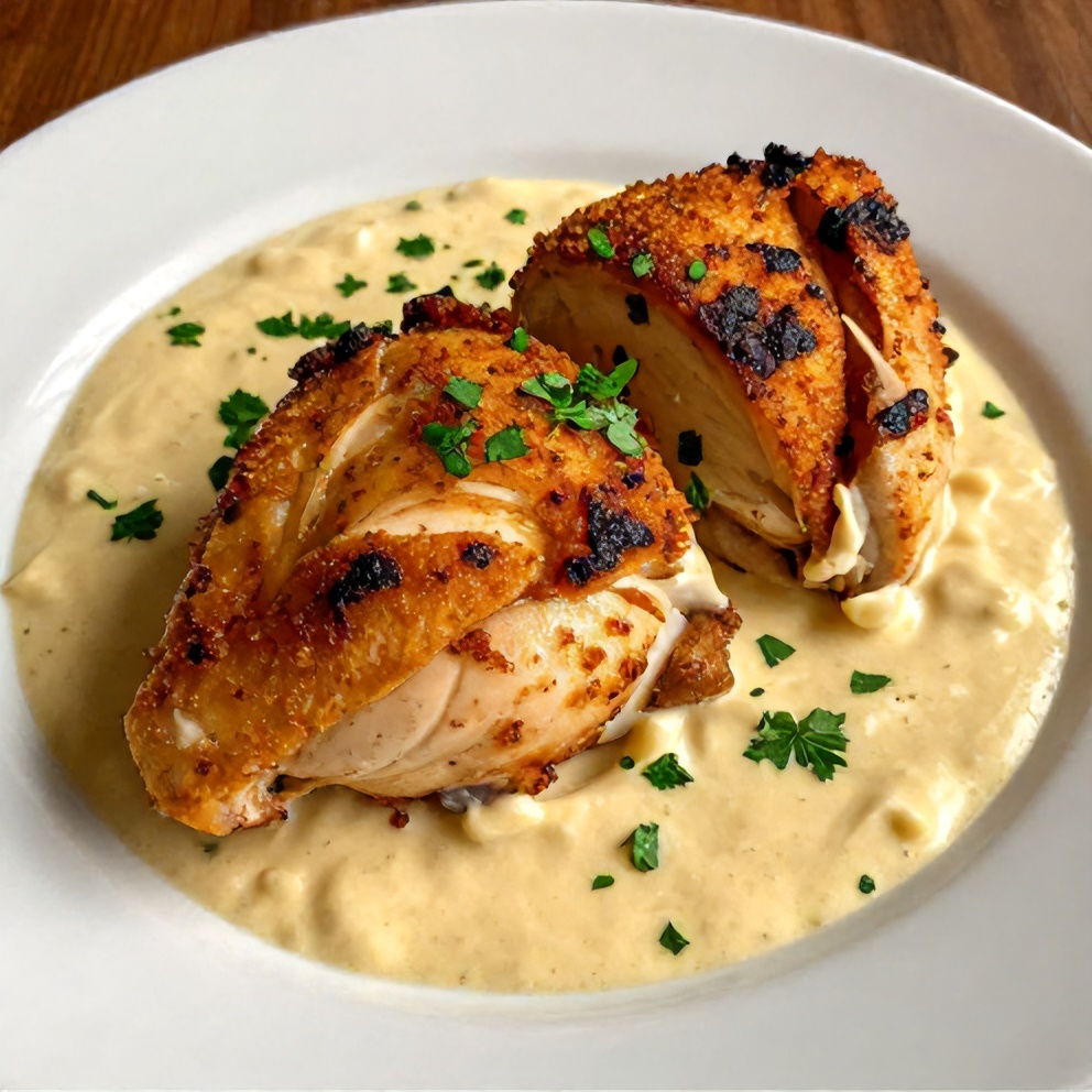 Plated creamy Boursin chicken with garnish
