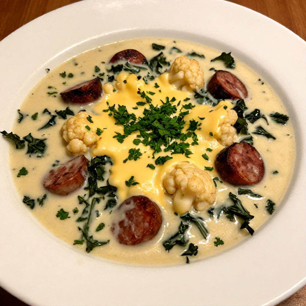 One perfect plated serving of Creamy Cauliflower Sausage Kale Soup on a white plate, topped with a sprinkle of chopped parsley, close crop, warm side lighting showing melted cheese and crispy sausage, photorealistic food photography