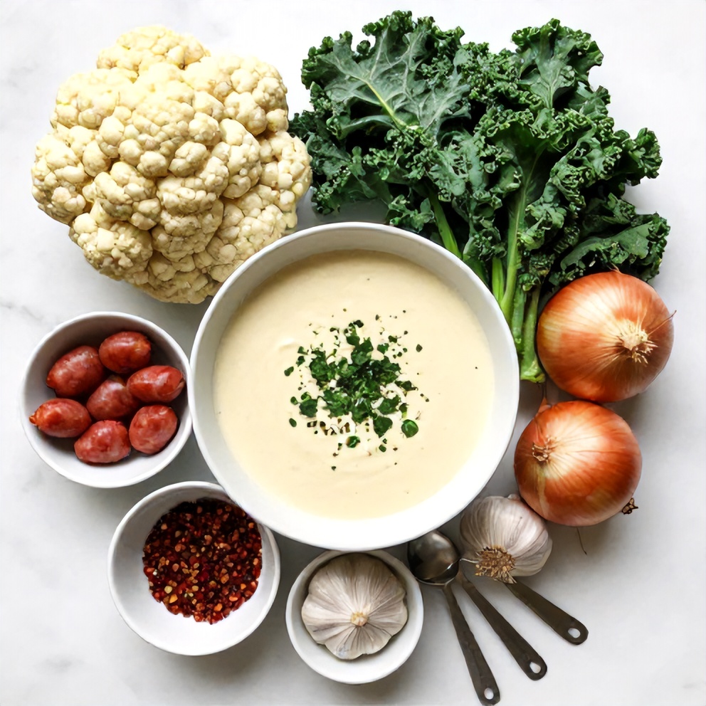 Overhead flat lay of raw ingredients for Creamy Cauliflower Sausage Kale Soup, including cauliflower, sausage, kale, garlic, and onion, small prep bowls and measuring spoons visible, white marble surface, bright even light, photorealistic overhead food photography