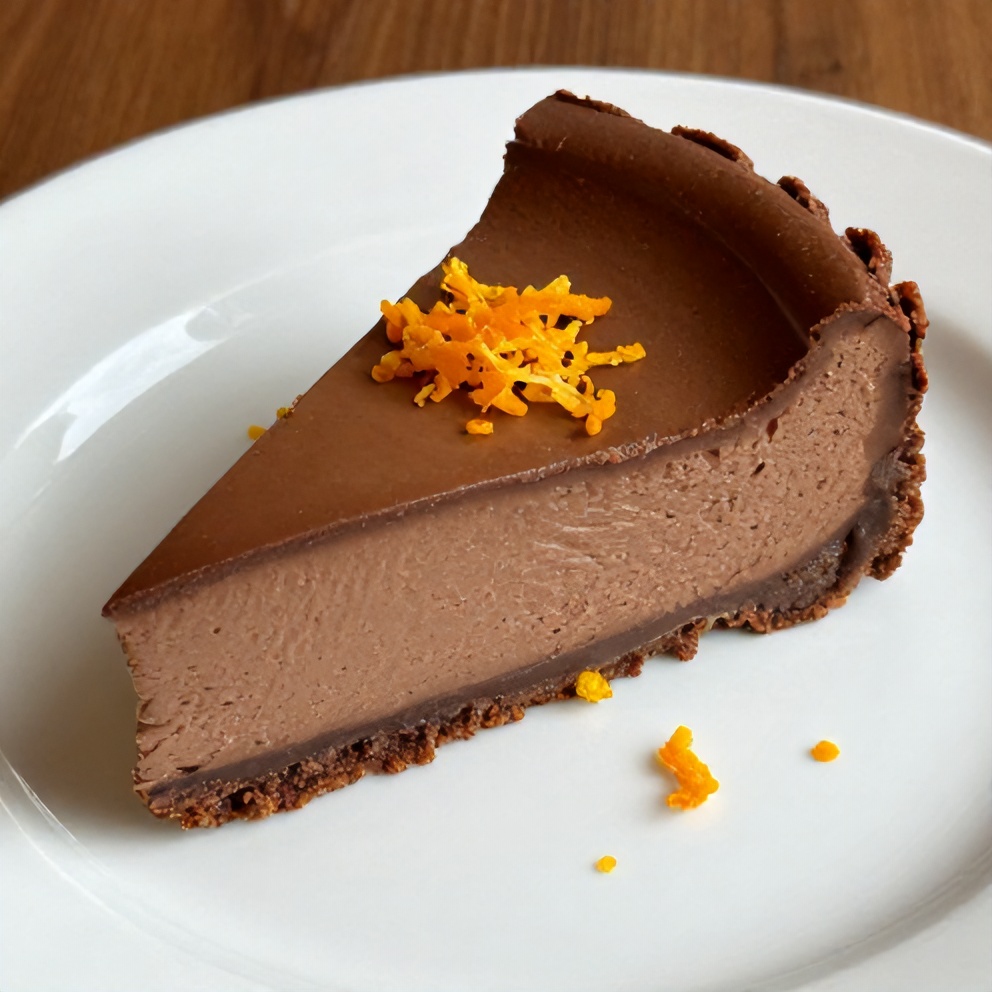 One perfect plated serving of Chocolate Orange Cheesecake on a white plate, garnished with orange zest.