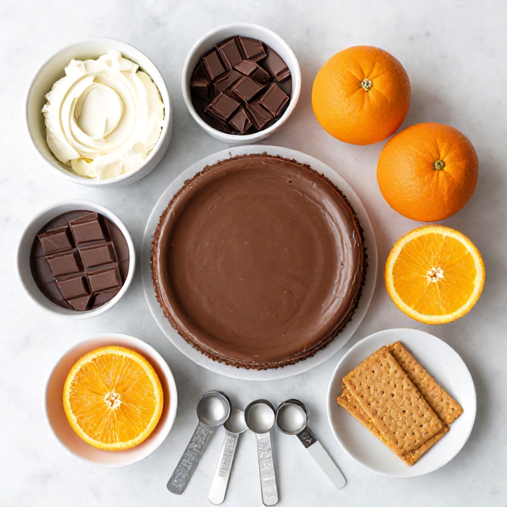 Raw ingredients for Chocolate Orange Cheesecake arranged in an overhead flat lay, including cream cheese, chocolate, oranges, and graham crackers.
