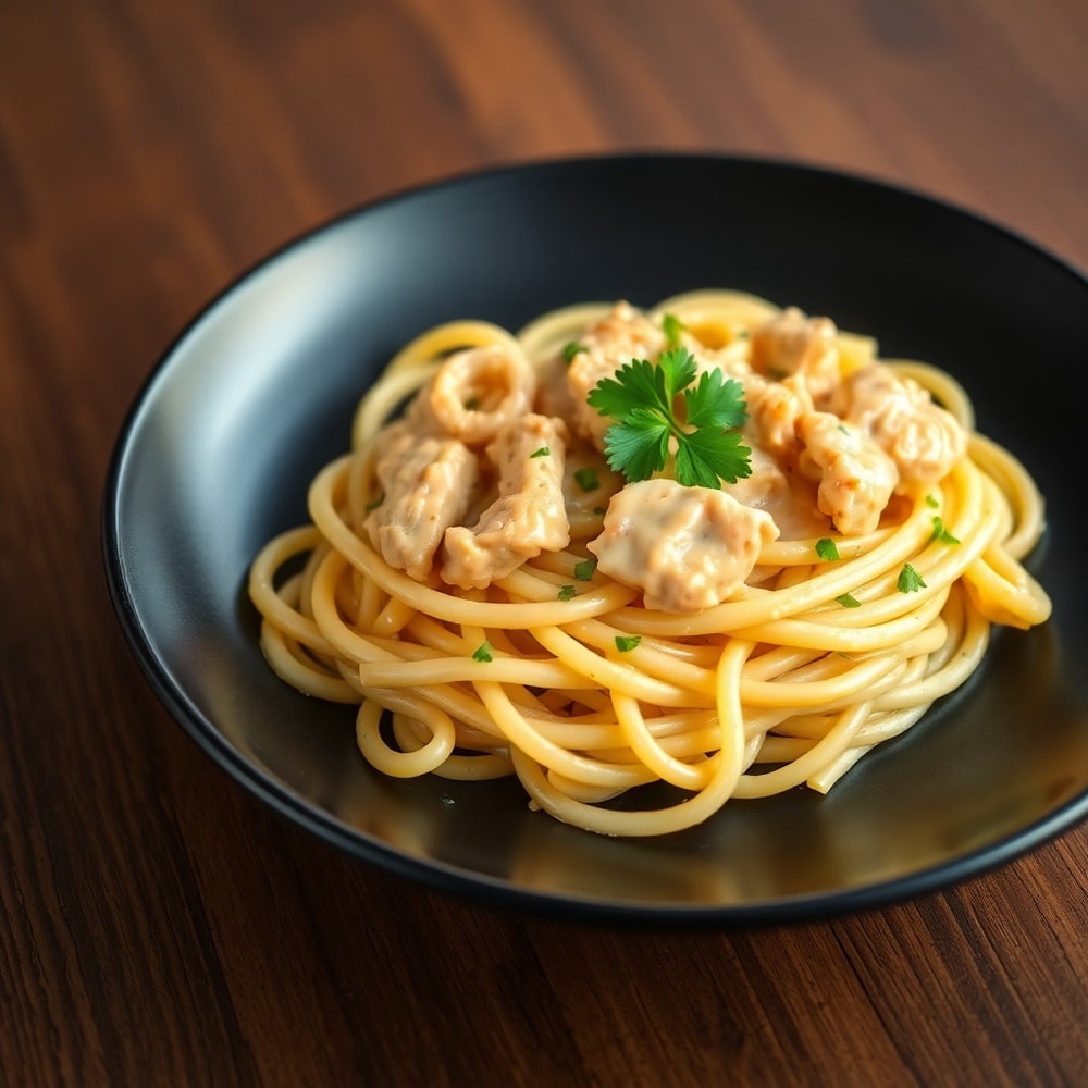 Plated creamy crack chicken pasta with parsley garnish